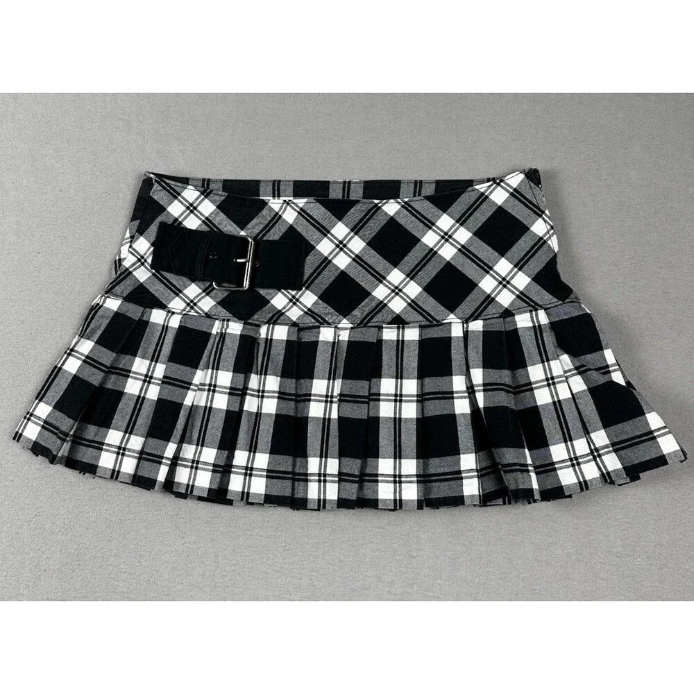 Plaid Pleated Mini Skirt Black White Buckle Sz L Y2K Punk Grunge